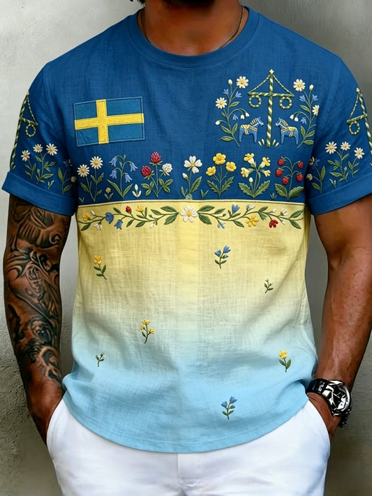 T-shirt à manches courtes en coton-lin à fleurs rétro Swedish Midsummer Folk