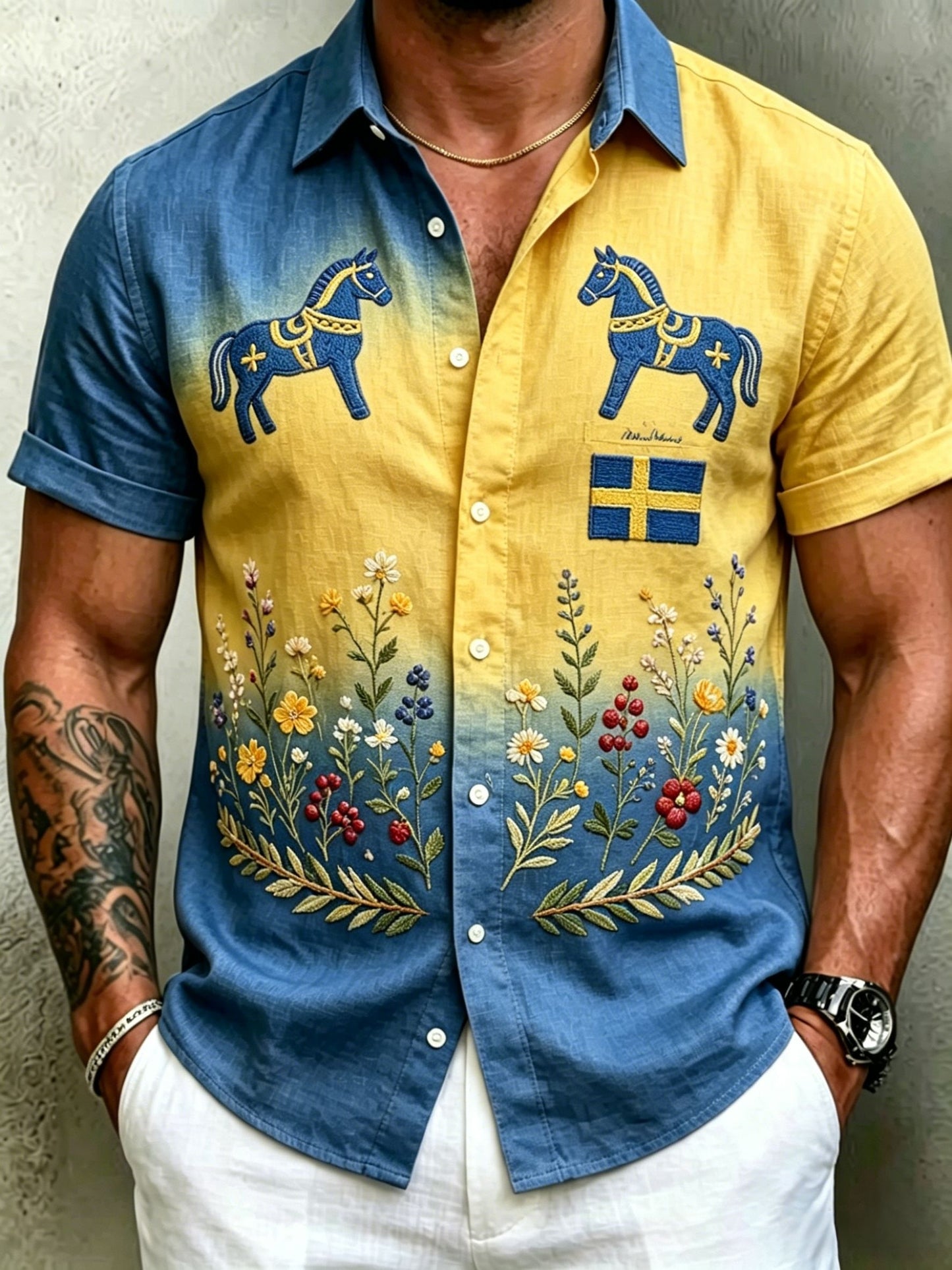 Chemises rétro suédoises de la Saint-Jean pour hommes, en coton-lin, à manches courtes, motif floral traditionnel
