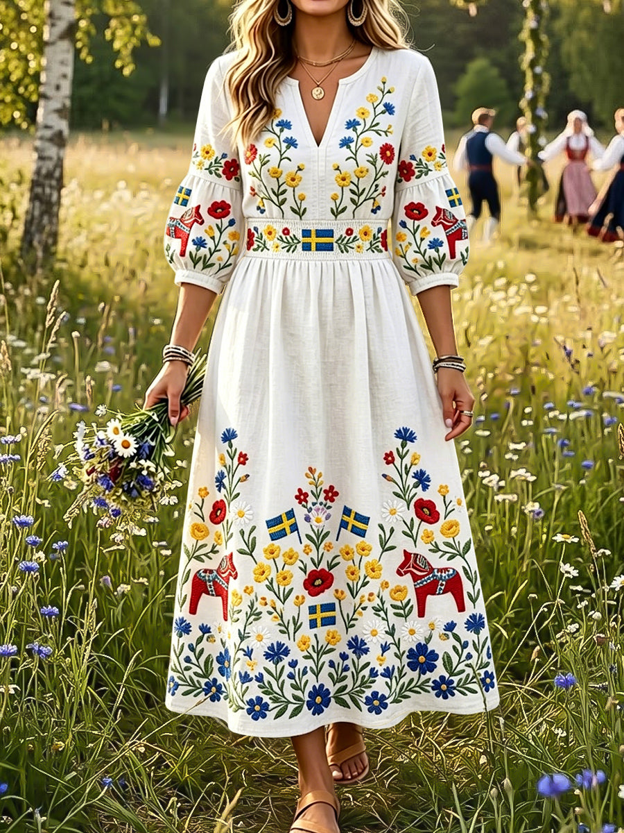 Vintage Bleuet Floral V-Neck Robe Femme
