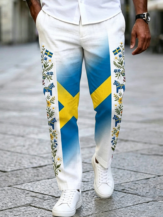 Hommes Rétro Swedish Midsummer Patchwork Coton-Lin Pantalon Décontracté