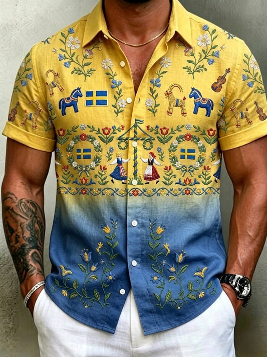 Chemises rétro suédoises de la Saint-Jean pour hommes, en coton-lin, à manches courtes, motif floral traditionnel