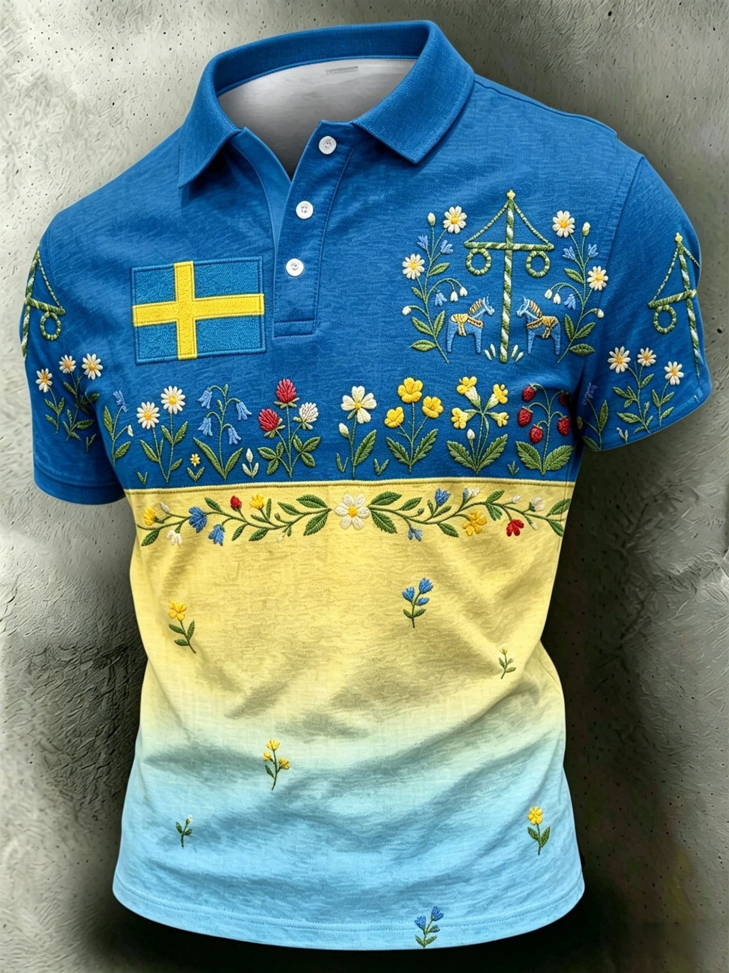 Polo Homme Retro Swedish Midsummer Folk Floral Coton-Lin Manches Courtes