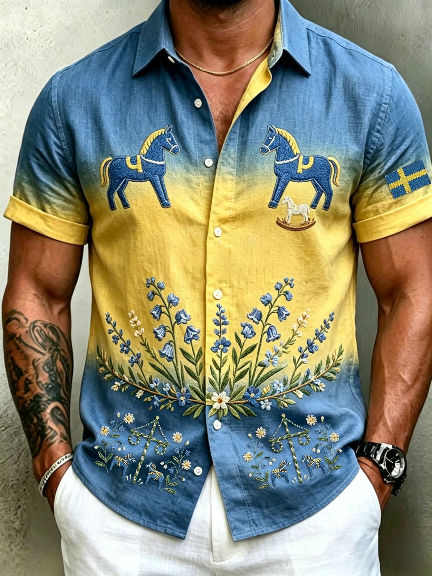 Chemises rétro suédoises de la Saint-Jean pour hommes, en coton-lin, à manches courtes, motif floral traditionnel