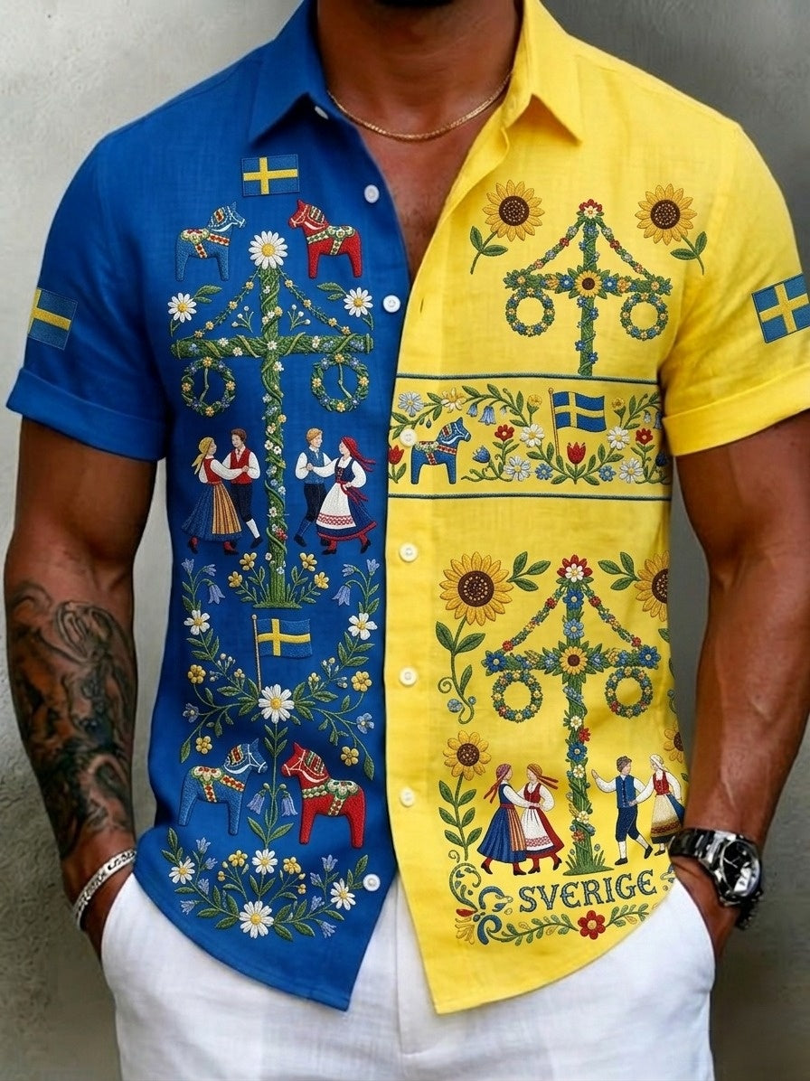 Chemises rétro suédoises de la Saint-Jean pour hommes, en coton-lin, à manches courtes, motif floral traditionnel