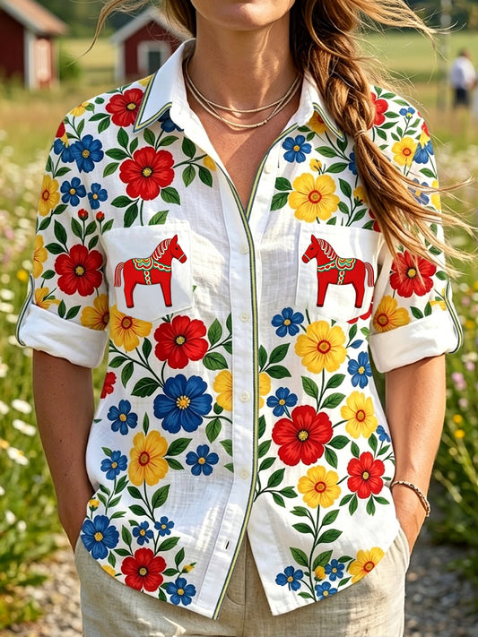 Chemise décontractée rétro suédoise Midsummer Floral Carousel pour femmes