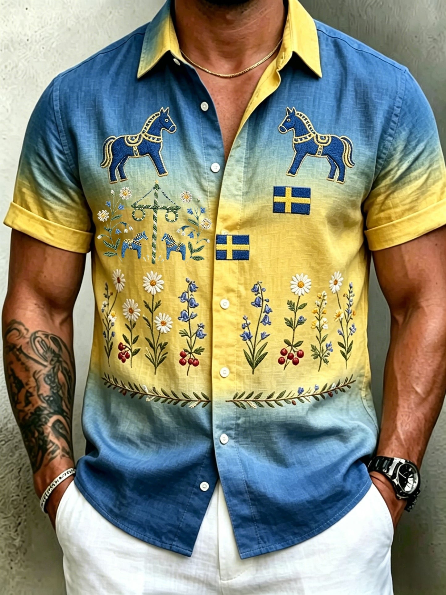 Chemises rétro suédoises de la Saint-Jean pour hommes, en coton-lin, à manches courtes, motif floral traditionnel
