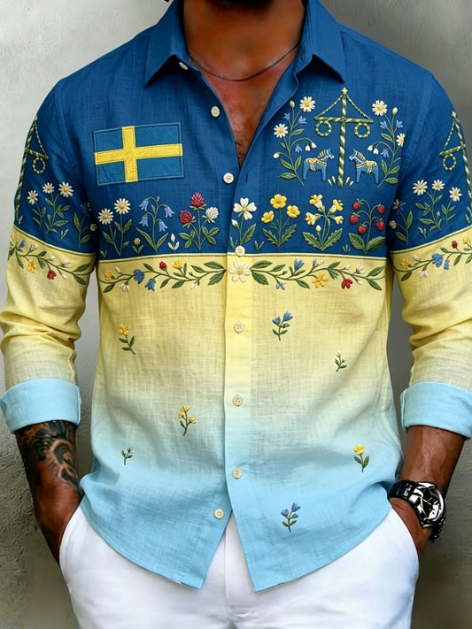 Chemise Homme à Manches Longues Retro Swedish Midsummer Folk Floral Coton-Lin
