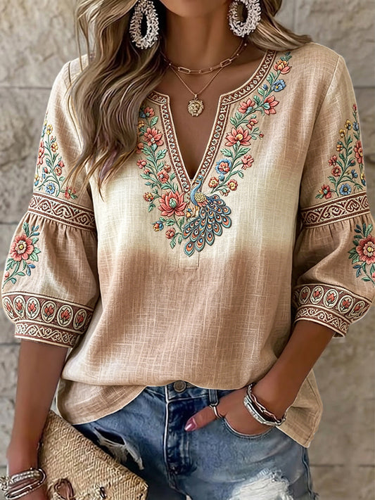 T-shirt décontracté en coton-lin pour femme, à col en V, avec imprimé floral et d'oiseaux, dégradé traditionnel