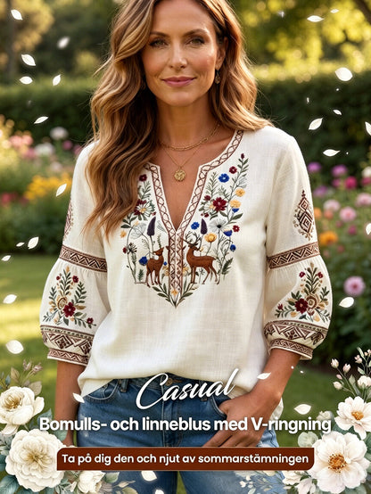 T-shirt décontracté pour femme, blanc cassé, style traditionnel brodé, col en V, en coton et lin