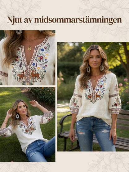 T-shirt décontracté pour femme, blanc cassé, style traditionnel brodé, col en V, en coton et lin