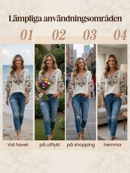 T-shirt décontracté pour femme, blanc cassé, style traditionnel brodé, col en V, en coton et lin
