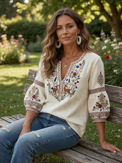 T-shirt décontracté pour femme, blanc cassé, style traditionnel brodé, col en V, en coton et lin