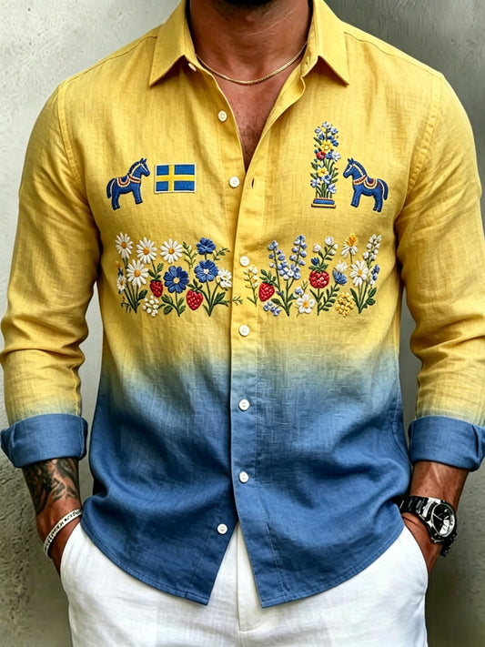 Chemise rétro suédoise de la Saint-Jean pour homme, en coton-lin, à motifs floraux, à manches longues