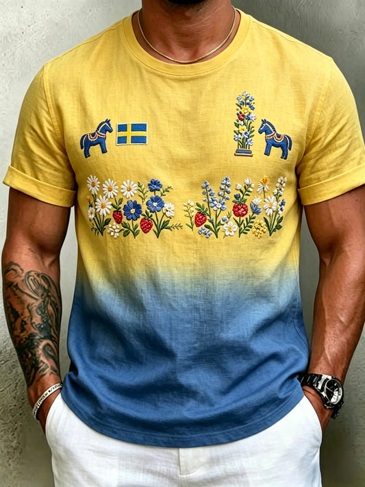 T-shirt rétro suédois pour hommes, style fête de la Saint-Jean, motif floral, en coton-lin, manches courtes