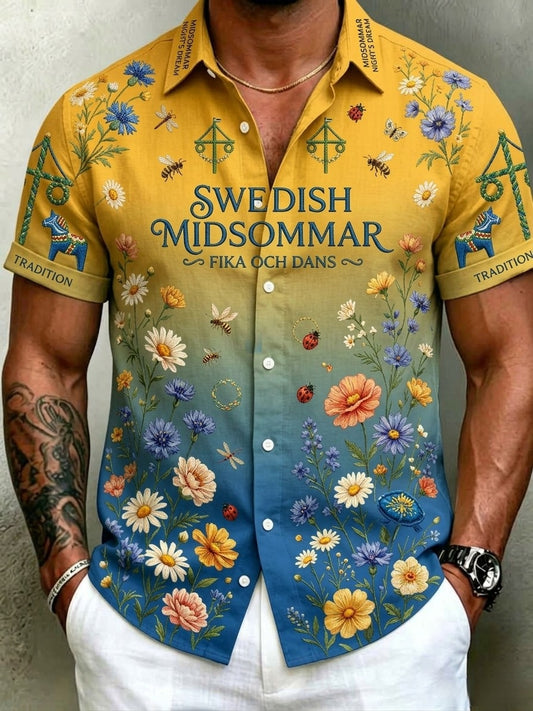 Chemises rétro suédoises de la Saint-Jean pour hommes, en coton-lin, à manches courtes, motif floral traditionnel
