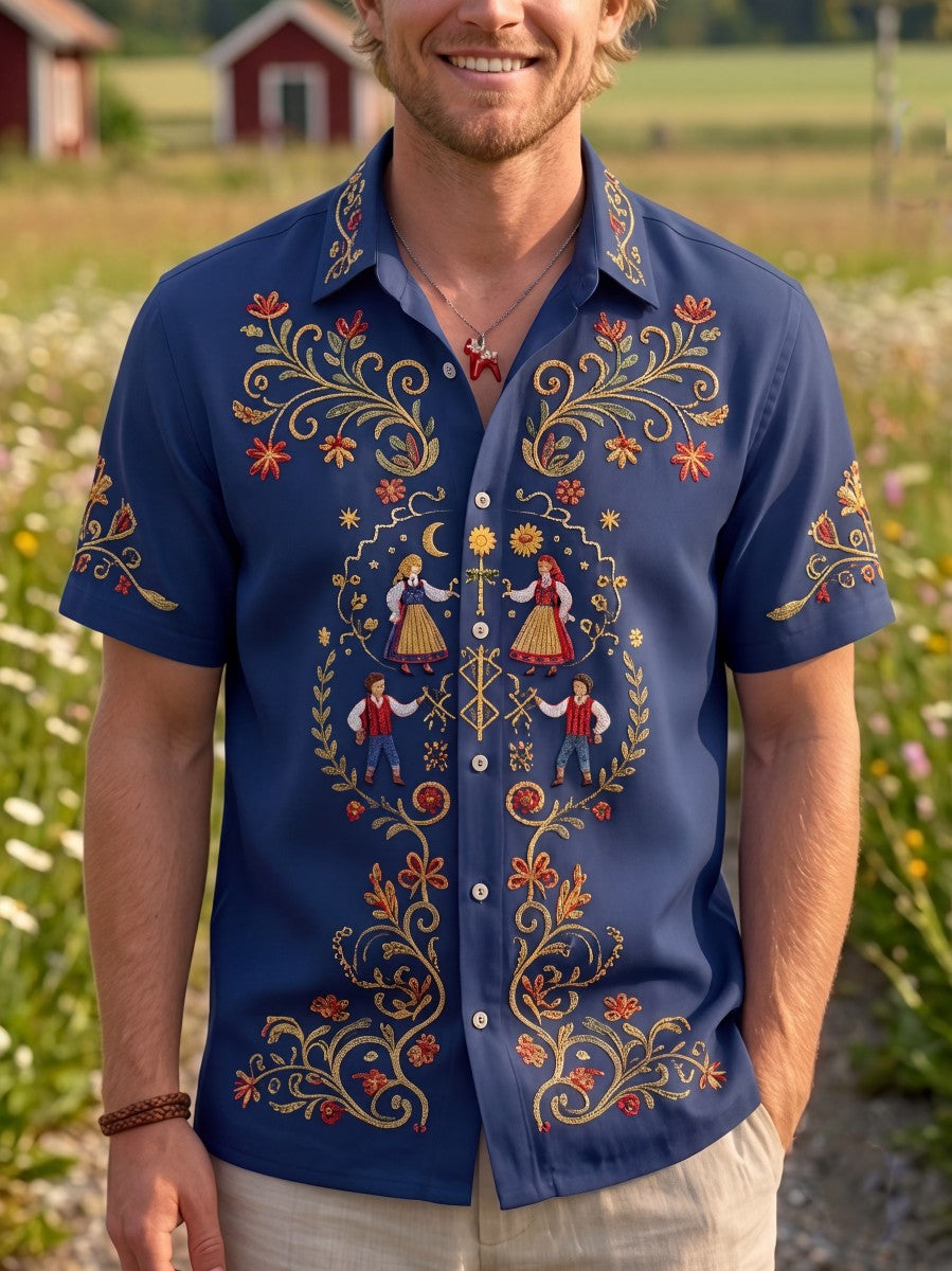 Chemises rétro suédoises de la Saint-Jean pour hommes, en coton-lin, à manches courtes, motif floral traditionnel