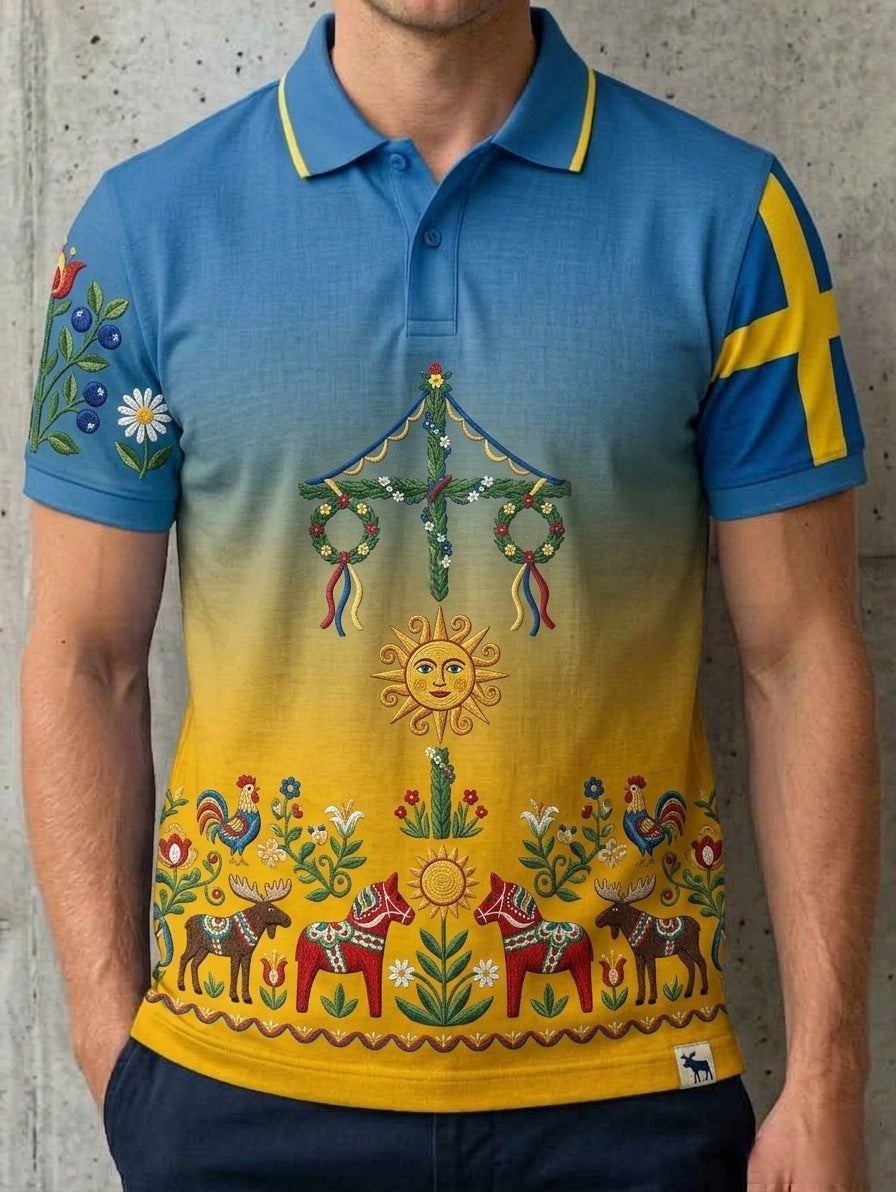 Chemise polo rétro suédoise de la Saint-Jean pour hommes, en coton-lin, à manches courtes, motif floral traditionnel