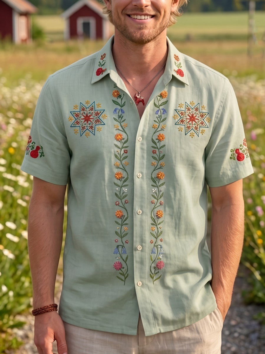 Chemises rétro suédoises de la Saint-Jean pour hommes, en coton-lin, à manches courtes, motif floral traditionnel