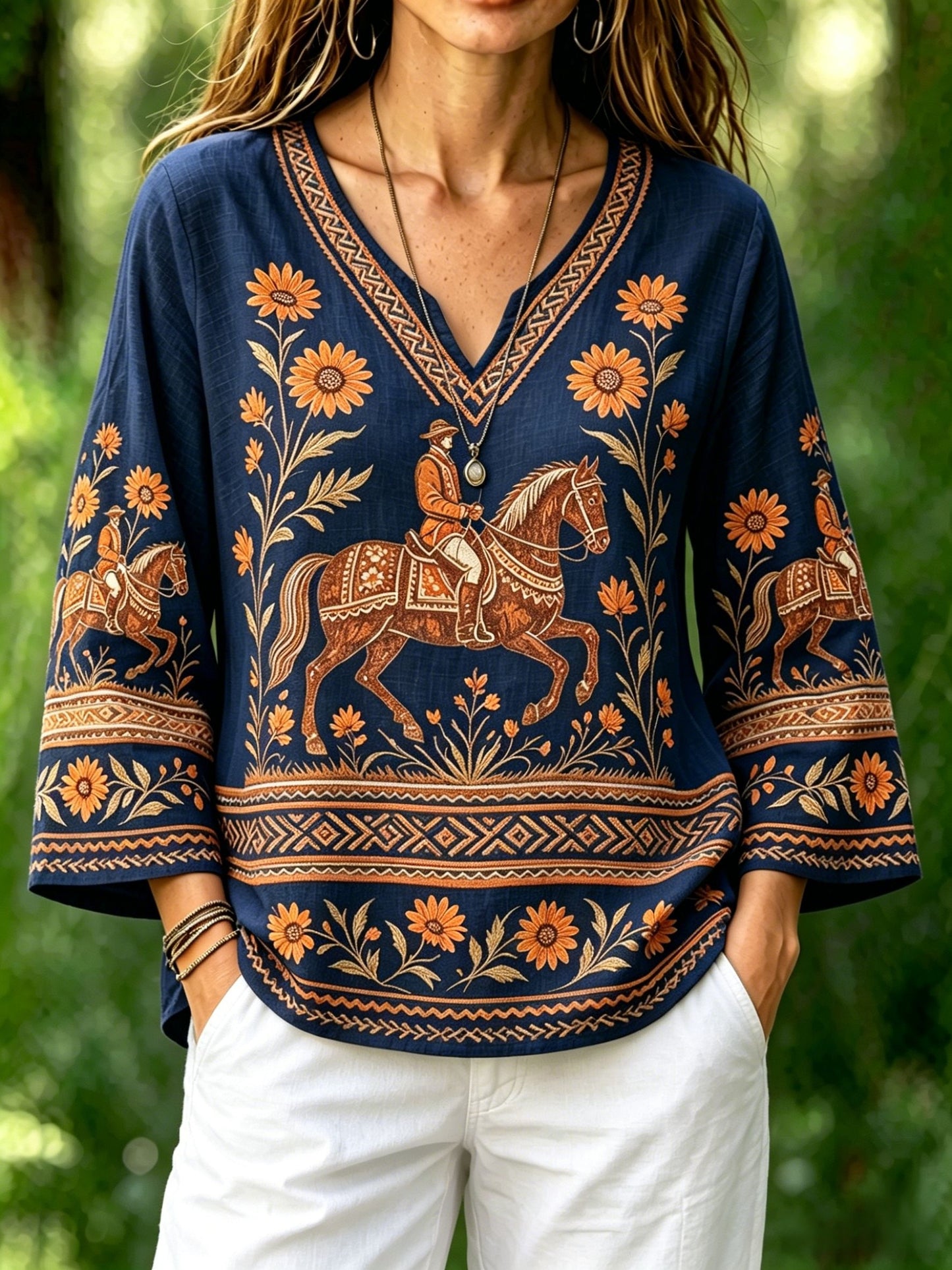 Chemisier rétro suédois pour femmes, style fête de la Saint-Jean, motif floral, en coton-lin