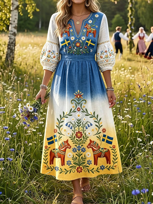 Robe rétro suédoise de la Saint-Jean pour femmes, à motifs floraux et dégradé, avec manèges