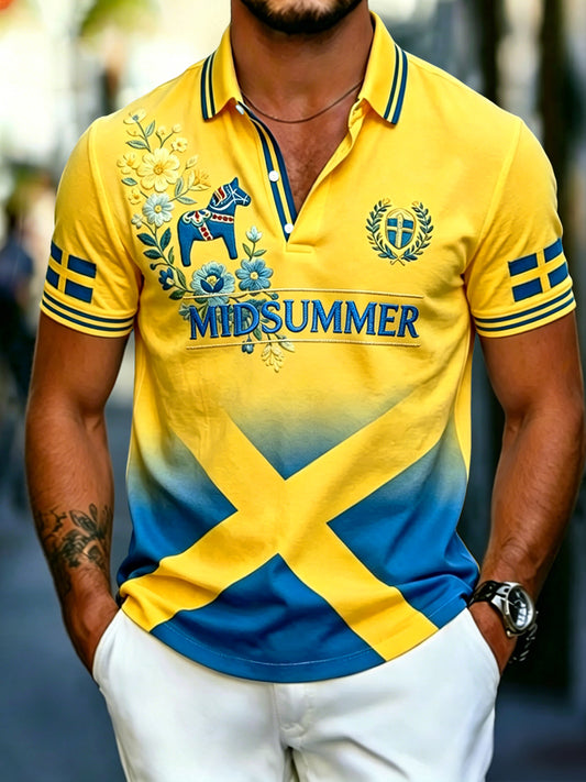 Polo décontracté rétro suédois pour hommes, motif floral de la Saint-Jean