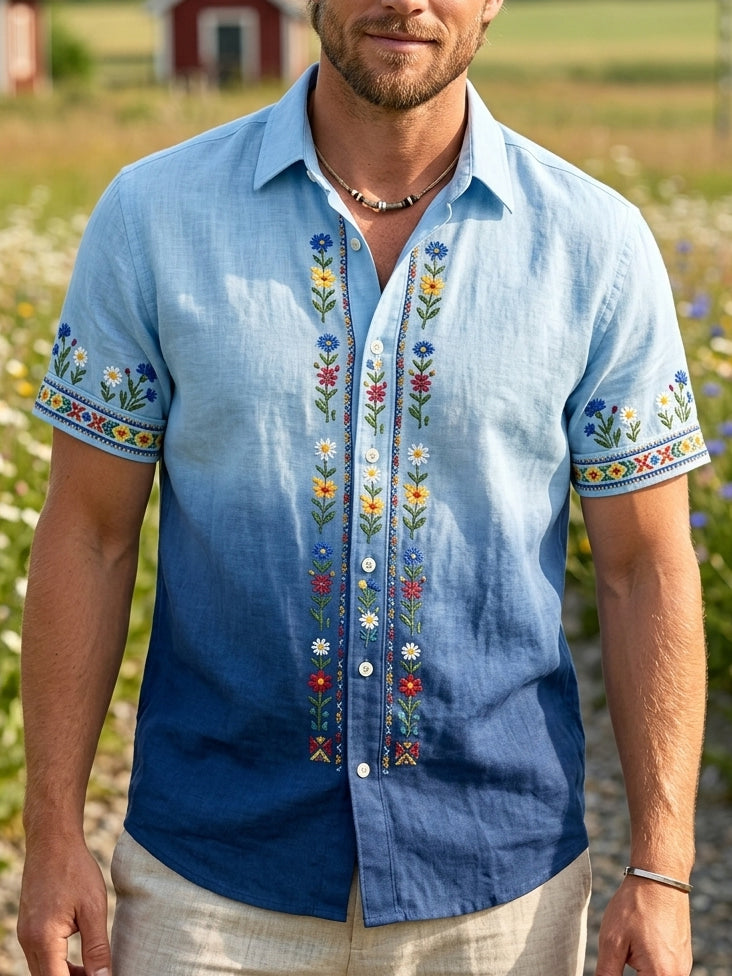 Chemises rétro suédoises de la Saint-Jean pour hommes, en coton-lin, à manches courtes, motif floral traditionnel