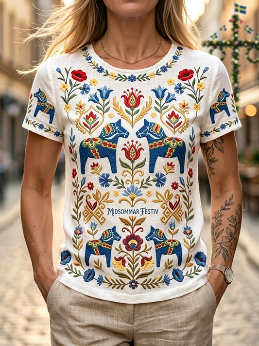 T-shirt rétro suédois pour femmes, motif floral de la Saint-Jean et cheval de Dala, en coton-lin
