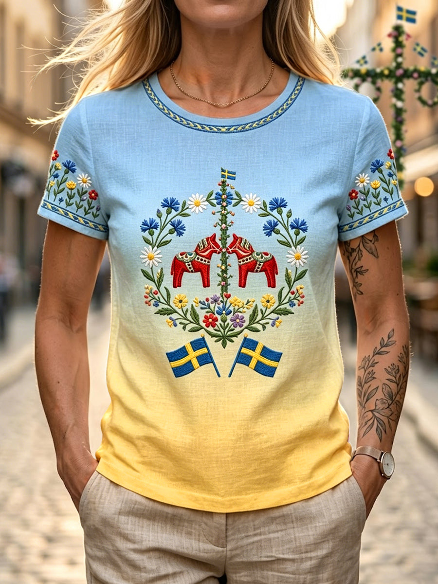 T-shirt rétro suédois pour femmes, motif floral de la Saint-Jean, dégradé, en coton-lin