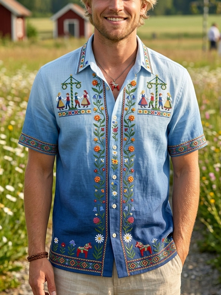 Chemises rétro suédoises de la Saint-Jean pour hommes, en coton-lin, à manches courtes, motif floral traditionnel