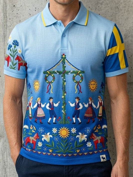 Chemise polo rétro suédoise de la Saint-Jean pour hommes, en coton-lin, à manches courtes, motif floral traditionnel