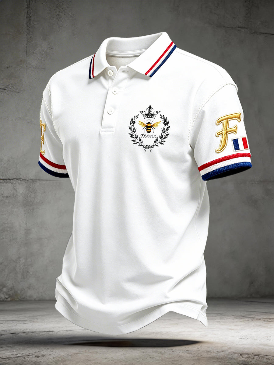 Polo homme blanc à manches courtes, décontracté et professionnel, avec imprimé français