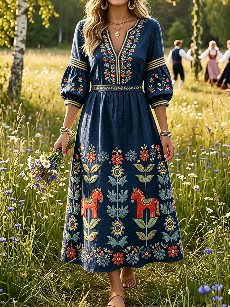 Femmes Swedish Midsummer Dala Horse Imprimer Deep Blue Cotton-Lin V-Neck Robe