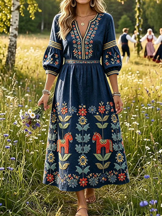 Femmes Swedish Midsummer Dala Horse Imprimer Deep Blue Cotton-Lin V-Neck Robe