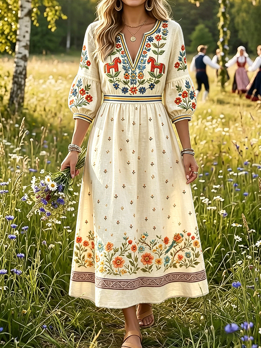 Femmes Swedish Midsummer Dala Horse Print Casual Mode Coton-Lin V-Neck Robe