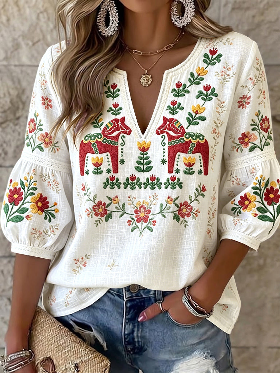 Top Décontracté Femme Blanc Imprimé Cheval De Dala D'inspiration Été En Coton-Lin Col V