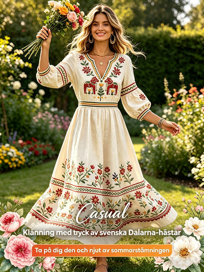 Femme Blanc Cassé Suédois Dala Horse Print Décontracté Coton-Lin Col V Robe