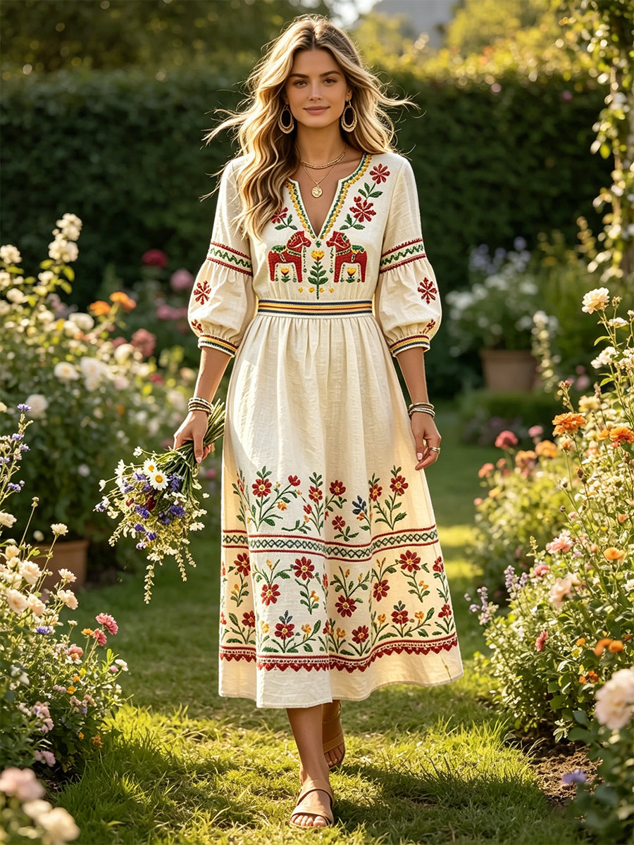 Femme Blanc Cassé Suédois Dala Horse Print Décontracté Coton-Lin Col V Robe