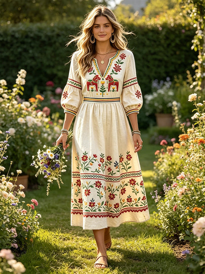 Femme Blanc Cassé Suédois Dala Horse Print Décontracté Coton-Lin Col V Robe