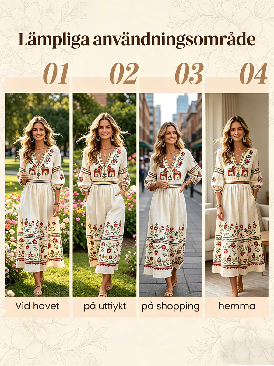 Femme Blanc Cassé Suédois Dala Horse Print Décontracté Coton-Lin Col V Robe