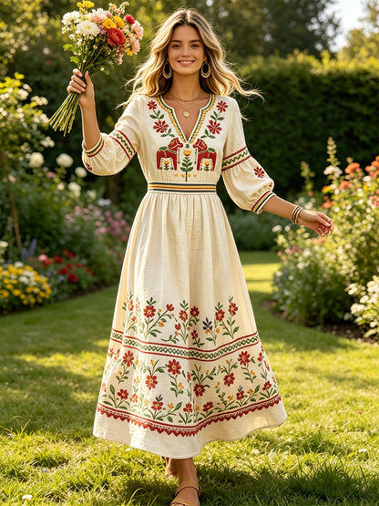 Femme Blanc Cassé Suédois Dala Horse Print Décontracté Coton-Lin Col V Robe