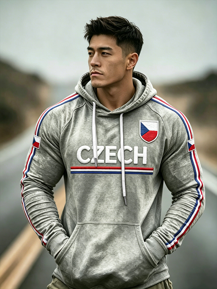 Sweat-shirt à capuche à épaules tombantes avec imprimé drapeau tchèque vintage gris pour homme