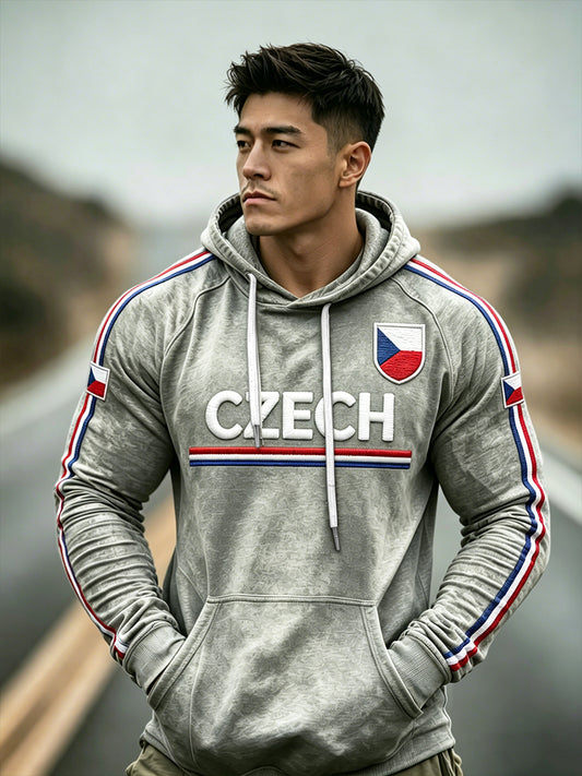 Sweat-shirt à capuche à épaules tombantes avec imprimé drapeau tchèque vintage gris pour homme