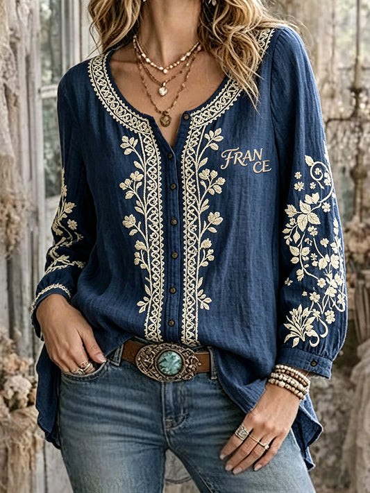 Chemise décontractée pour femme, bleu marine, style français, imprimé floral, en coton-lin, à manches longues