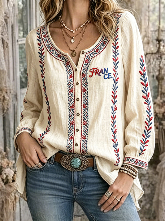Chemise décontractée pour femme en coton-lin, manches longues, couleur blanc cassé, imprimé branche d'olivier français
