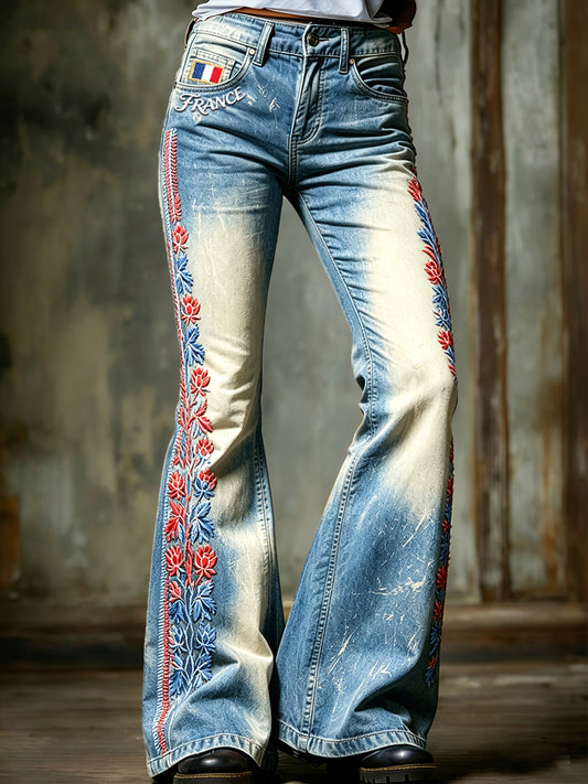 Pantalon large décontracté pour femme, style vintage, imprimé floral français en dégradé