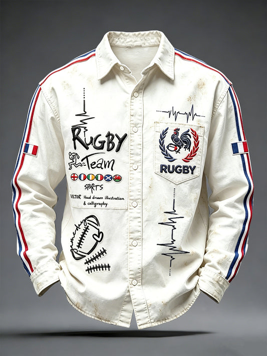 Chemise décontractée pour homme, style vintage français, rugby, patchwork, imprimée
