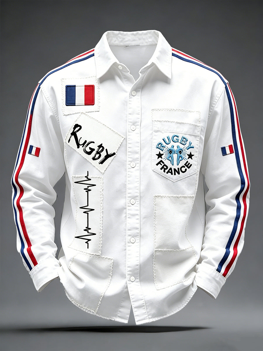 Chemise blanche décontractée pour homme, motif patchwork rugby français