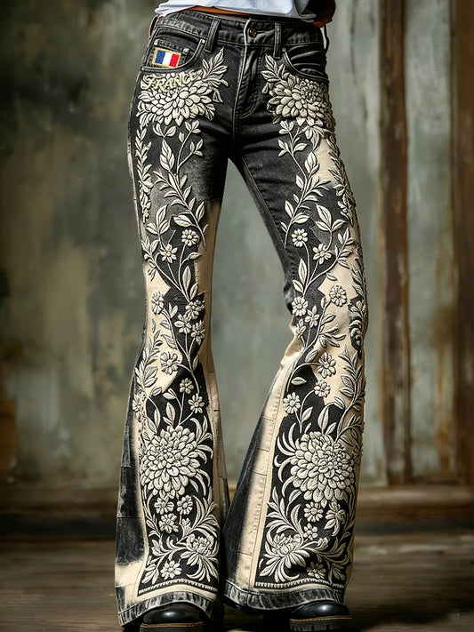 Pantalon évasé décontracté à la mode à imprimé floral français vintage pour femmes