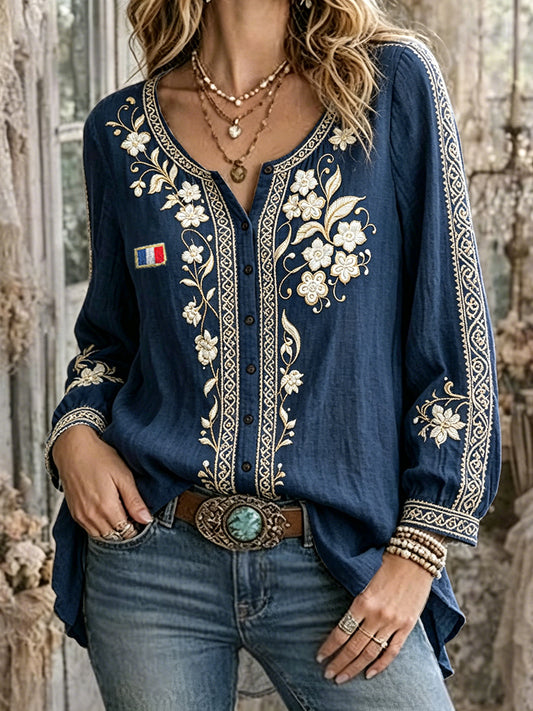 Chemise à manches longues en coton-lin décontractée à imprimé floral français bleu marine pour femme
