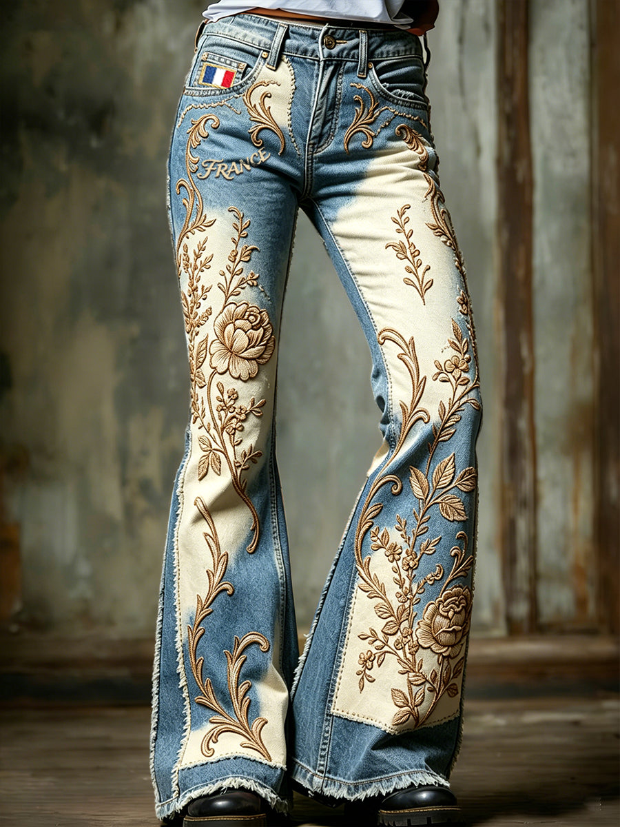 Pantalon évasé décontracté à imprimé floral vintage français pour femme